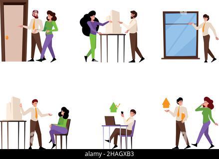 Kauf von Immobilien. Glückliches Paar Wahl neues Haus makler Investing Agent rentals Zimmer oder Wohnzimmer grellen Vektor Business-Konzept Bilder eingestellt Stock Vektor