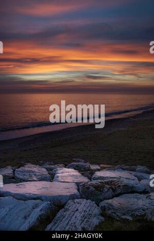 Meeresküste, Sonnenaufgang, Strand, Porto Potenza Picena, Marken, Italien, Europa Stockfoto