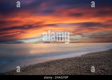 Meeresküste, Sonnenaufgang, Strand, Porto Potenza Picena, Marken, Italien, Europa Stockfoto