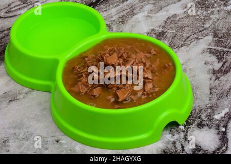 Vor dem Hintergrund von Marmor liegt eine grüne Plastiktafel, gefüllt mit nassem Katzen- oder Hundefutter und Wasser. Nahaufnahme. Stockfoto