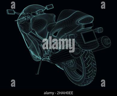 Drahtmodell eines Sportmotorrads aus blauen, auf dunklem Hintergrund isolierten Linien. Perspektivische Ansicht. 3D. Vektorgrafik. Stock Vektor