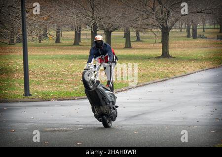 Ein Teenager-Biker mit Helm und Maske macht ein Wheelie auf seiner Yamaha TMax, während er auf dem Sitz steht. In einem Park in Queens, New York City. Stockfoto