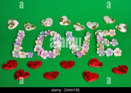 Das Wort LIEBE ist mit Buchstaben auf einem sauberen grünen Hintergrund mit bunten Blumen am unteren Rand des Rahmens gesäumt. Die Blumen von oben liegen in einer Linie Stockfoto