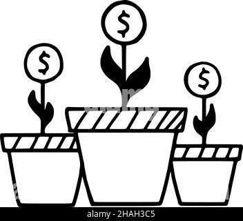 Topfpflanze und Münzen Doodle Symbol. Return on Investment. Kapitalerträge oder Investitionswachstum. Vektorgrafik Stock Vektor