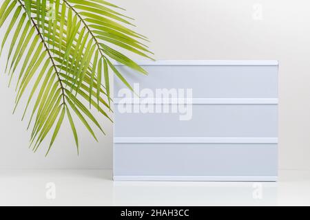 Palmblätter mit leerem Leuchtkasten auf weißem Tisch. Modell-Konzept. Stockfoto