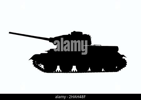 Illustration eines schwarzen sowjetischen T-34 Panzers mit feinen Details auf einem weißen Hintergrund. Seitenansicht Stockfoto