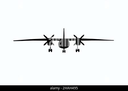 Abbildung eines zweimotorigen Passagierflugzeugs in Schwarz auf weißem Hintergrund vor dem Flugzeug. Gehäuse freigegeben Stockfoto