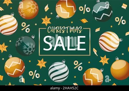 Weihnachtsverkauf - grüne und goldene Kugeln. Vektorgrafik. Banner zum neuen Jahr Stock Vektor