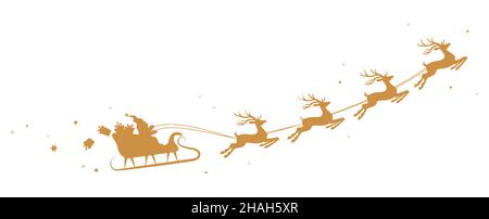 eps-Vektor-Illustration mit Silhouette von farbigem Weihnachtsmann mit Schlitten und Rentieren und einigen Geschenken, die am Himmel auf weißem Hintergrund isoliert fliegen Stock Vektor