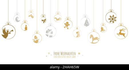 Hängende Kugeln gefärbt Gold mit verschiedenen abstrakten Symbole für Weihnachten und Winter zeit Konzepte und Grüße für Weihnachten und Neujahr Stock Vektor