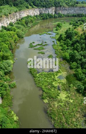 Blick auf den ehemaligen Fluss, der zu einem Sumpf geworden ist. Die Seiten sind mit Bäumen überwuchert. Felsige Klippen an den Seiten Stockfoto