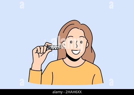 Zahnhygiene und Zahnpflegekonzept. Lächelnd positive Frau stehend hält und zeigt Zahnspangen oder Bleaching Streifen in den Händen Vektor-Illustration Stock Vektor