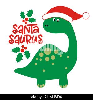 Santa Saurus - Niedliche Brontosaurus Dinosaurier-Design mit Santa Hut, lustige handgezeichnete Doodle, Cartoon Dino. Frohe Weihnachten Grußkarte. Stock Vektor