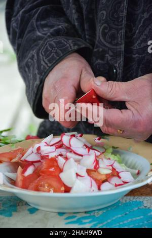 Eine alte Frau schneidet Tomaten und Radieschen in Scheiben zu einem Salat. Nicht erkennbare Person Stockfoto
