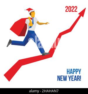 Geschäftsmann in Santa Hut mit Geschenktüte läuft wachsen Grafik bis 2022 Punkt. Stock Vektor