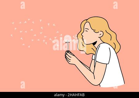 Sommerspaß und Wunschkonzept. Blonde Mädchen in weißen T-Shirt stehen und weht flauschige Dandelion Blume während Sommer Spaziergang Vektor-Illustration Stock Vektor