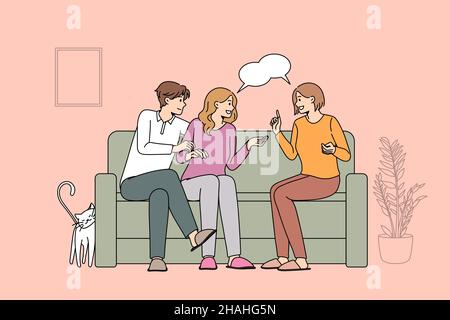 Treffen mit Freunden und Freizeitkonzept. Lächelnde Menschen Paar und ihre Freundin sitzen auf dem Sofa zusammen diskutieren Dinge zu Hause Vektor-Illustration Stock Vektor