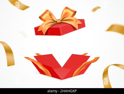 Explodierte rote Geschenkbox mit goldenem Band, isoliert auf weißem Hintergrund. überraschungs-geschenkbox mit leerem Raum, Vektorgrafik. Stock Vektor
