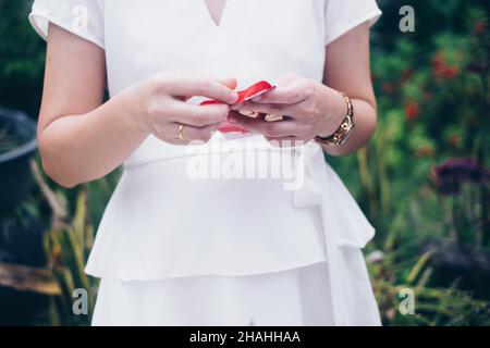 Die Hand einer Frau hält einen geöffneten roten Umschlag oder ein rotes Paket namens Ang Pao oder Ang Pow, ebenfalls Hongbao oder Hungbao auf Mandarin und Lai See auf Kantonesisch. Stockfoto