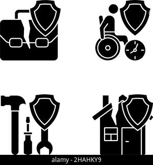 Unfälle und Versicherungstypen Schwarze Glyphen-Symbole auf weißem Raum Stock Vektor