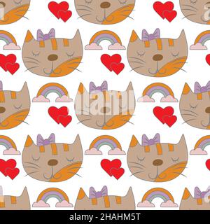 Nahtloses Muster mit niedlicher Katze, Regenbogen, Wolken, roten Herzen. Ideal für Kinderkleidung, Kinderdekoration. Vektorgrafik Cartoon Illustration Stock Vektor