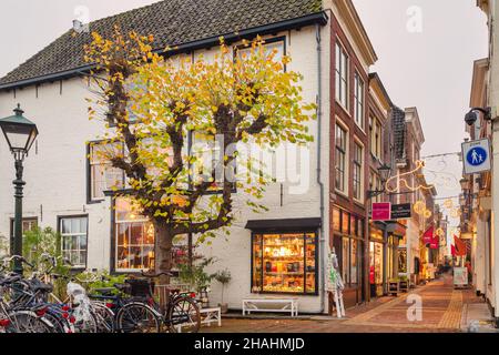 Alkmaar, Niederlande - 10. November 2021: Blick auf die alte holländische Einkaufsstraße Fnidsen mit weihnachtsdekoration in Alkmaar Stockfoto
