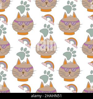 Nahtloses Muster mit niedlicher Katze, Regenbogen, Brille, Hundepfote, Wolken. Ideal für Kinderkleidung, Kinderdekoration. Vektorgrafik Cartoon Illustration Stock Vektor