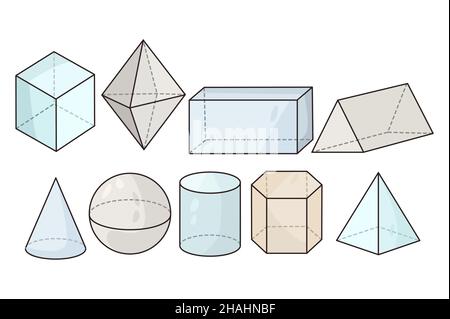 Sammlung von 3D geometrischen Figuren für Mathematik-Schule Lernklasse oder Sitzung. Satz von regelmäßigen Formen und Formen, Kreis, dreieckig und rechteckig. Mathematik und Wissenschaft Konzept. Vektorgrafik. Stock Vektor