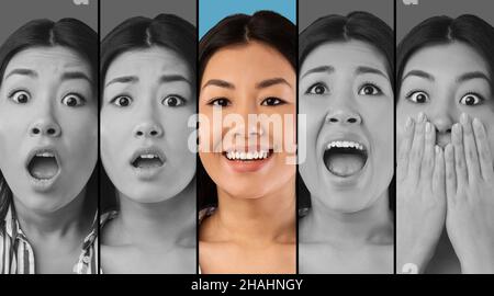 Stimmungsschwankungen bei Frauen während des Tages, Collage. Asiatische Frau, die die Kamera anschaut und verschiedene Emotionen zeigt Stockfoto