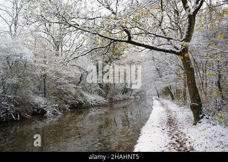 Schneebedeckter Kanal, Bäume und Schleppturm Stockfoto