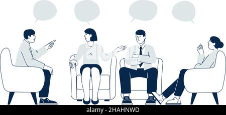 Therapie-Support-Gruppe. Psychologie-Sitzung, Hilfe bei sozialen Netzwerken. Frauenberatung, Arzt- und Patientenkommunikation. Treffen mit der neuesten Vektorszene Stock Vektor