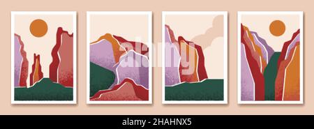 Trendige abstrakte Landschaften. Asia Design, Sonnenuntergang Boho Schönheit. Moderne Natur Hintergrund, Berg, Mond und Meer. Künstlerischer Vektor des Sonnenaufgangs Stock Vektor