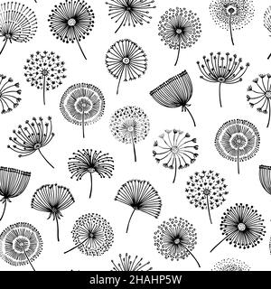 Dandelion mit Blumenmuster. Schwarze, grafische, abstrakte Blumen. Natürlicher botanischer Druck, Vintage blühend dekoratives neoterisches Vektor nahtloses Muster Stock Vektor