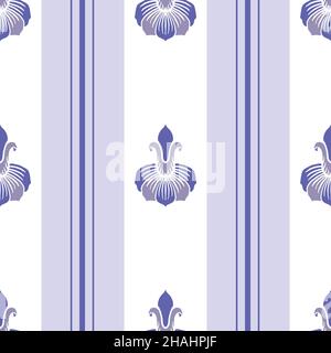 Stilisierte Lilienblumen und Streifen Vektor nahtlose Hintergrund. Periwinkle lila violett Vintage-Stil floralen geometrischen Streifen Hintergrund. Botanisch Stock Vektor