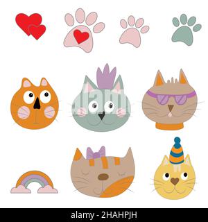 Set niedliche Katze, Regenbogen, Hundepfoten, Wolken, Brille, prinzessin in Krone, Tierpfote, rote Herzen. Ideal für Kinderkleidung, Kinderdekoration. Vektorgrafik Zeichentrickfilm I Stock Vektor
