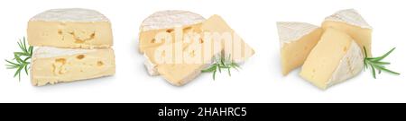 Camembert Käse isoliert auf weißem Hintergrund mit Schnittpfad und voller Schärfentiefe, Set oder Sammlung Stockfoto