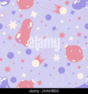 Nahtloses Muster des tiefen Raums mit Planeten und Sternen, Kometen und Planeten in flachem Stil. Vektorgrafik Stock Vektor