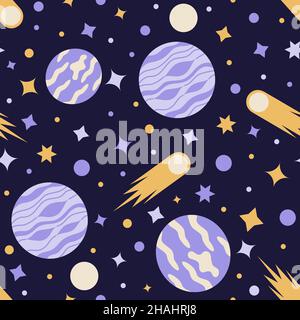 Nahtloses Muster des tiefen Raums mit Planeten und Sternen, Kometen und Planeten in flachem Stil. Vektorgrafik Stock Vektor
