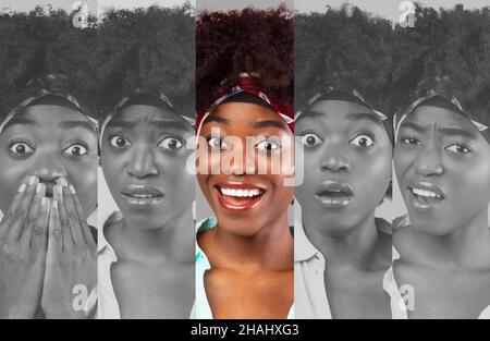Porträt einer afroamerikanischen Dame mit vielfältigen Emotionen, farbenfroher Akzent auf positiver Gesichtsexression, Collage Stockfoto