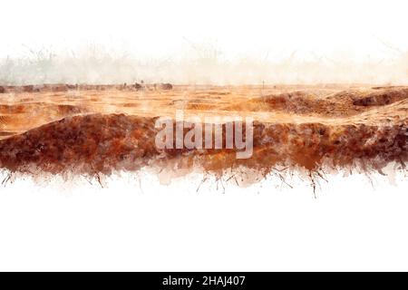 Aquarell Zeichnung einsame Sanddünen in einem starken Wind unter dem Himmel vor dem Hintergrund der trockenen Wüste Stockfoto