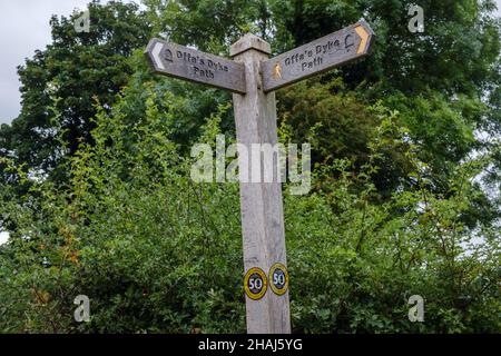 Schild Offas Dyke Path, in der Nähe von Montgomery, Powys, Wales Stockfoto