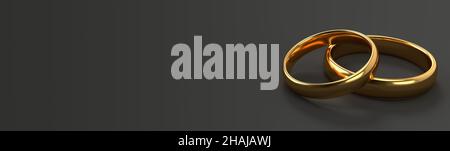 Banner von zwei Hochzeit Goldringe liegen auf einander mit leeren dunklen Kopie Raum Hintergrund. 3D Rendern Stockfoto