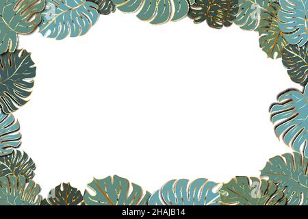 Viele niedliche grüne Palmenblätter mit goldenem Umriss, moderner Mode-Hintergrund auf Weiß Stock Vektor