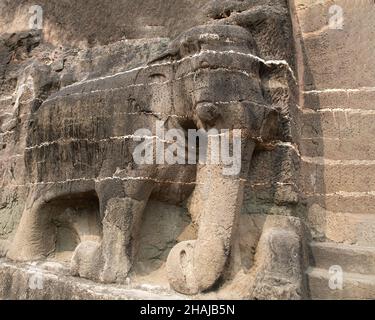 Elefantenschnitzerei in Ajanta Höhlen des 4th. Jahrhunderts Stockfoto