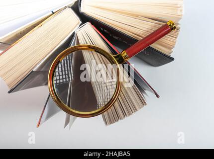 Lupe über geöffnetem Papierbuch. Konzept von Wissen, Forschung und Studium. Stockfoto