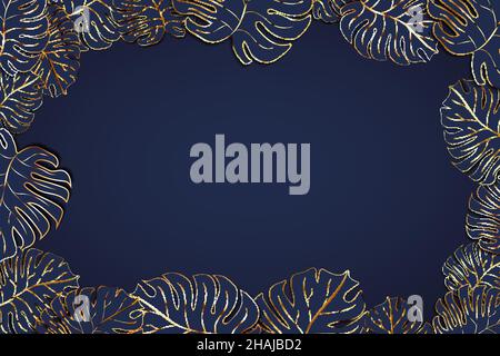 Viele niedliche Palmenblätter mit goldenem Umriss auf tiefblauem, moderner Mode verblassenem Hintergrund mit Textraum Stock Vektor
