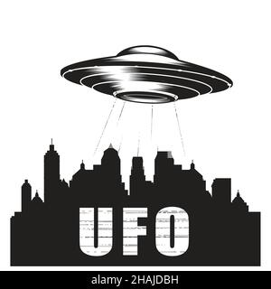 UFO über Stadt Silhouette, Alien Raumschiff, außerirdische fliegende Untertasse, ufo-Scheibe, Vektor Stock Vektor