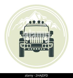 Off Road Auto Vorderansicht, SUV und Berg für Etiketten, Embleme, Abzeichen oder Logos, Vektor Stock Vektor