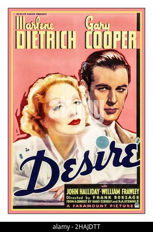 DESIRE 1930s Vintage Movie Film Poster für 1936 Paramount Film mit Gary Cooper und Marlene Dietrich, John Halliday, William Frawley Regie: Frank Borzage an Adolph Zukor Production Stockfoto