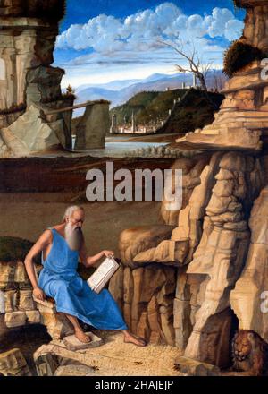 St. Jerome Lesung in einer Landschaft von Giovanni Bellini (c.1435-1516), Öl auf Tafel, c. 1480-85 Stockfoto